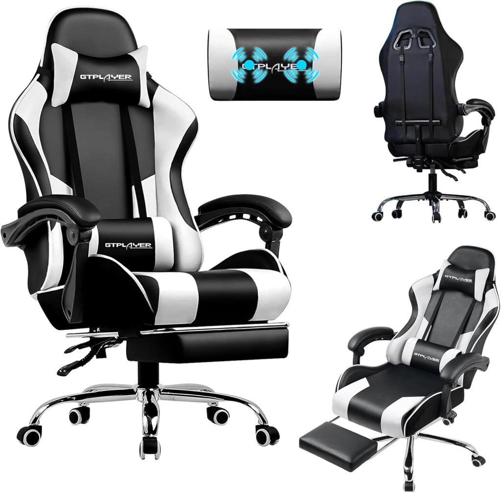 Sedia da Gaming Massaggiante ed Ergonomica con Schienale Regolabile, Poggiapiedi e Supporto Lombare - Reclinabile, Bianco