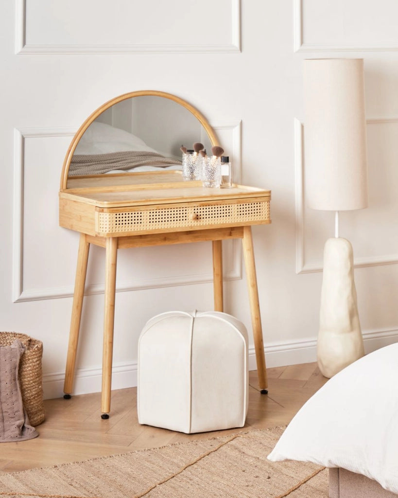 Toeletta in legno di bamboo con sgabello e specchio camera da letto soggiorno stile boho