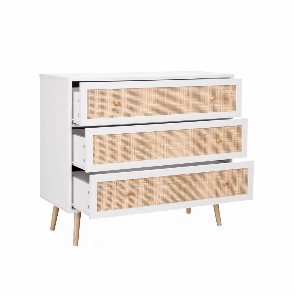 Cassettiera effetto legno e canna 3 cassetti, bianco sporco
