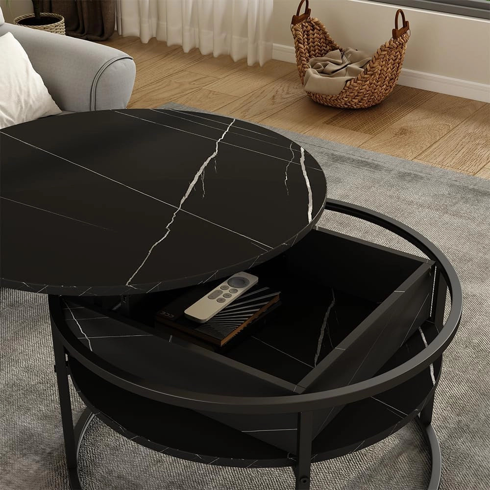 Tavolino Marlo, Nero/marmo-bianco, 77 x 77 cm, con piano ribaltabile per un utilizzo flessibile negli ambienti domestici