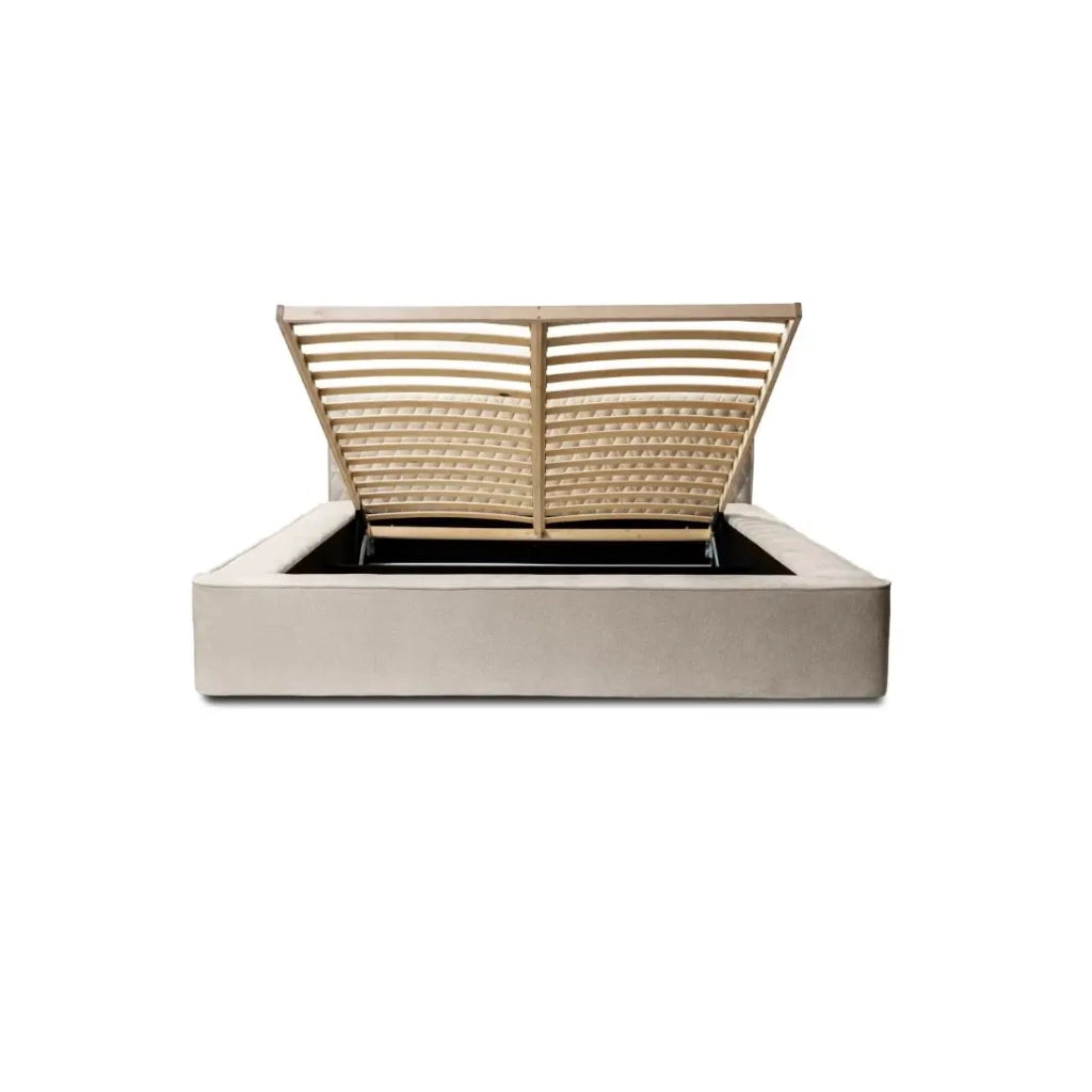 Lit coffre VERNON – Tessuto ciniglia bouclé Sabbia rosata – 140x200 cm – Rete sollevabile – Design di alta gamma