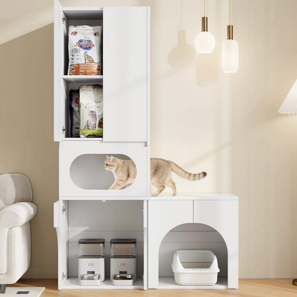 Mobile coperto per lettiera per gatti con 2 vani toilette, zona riposo e armadio, bianco, 140 × 45 × 195 cm