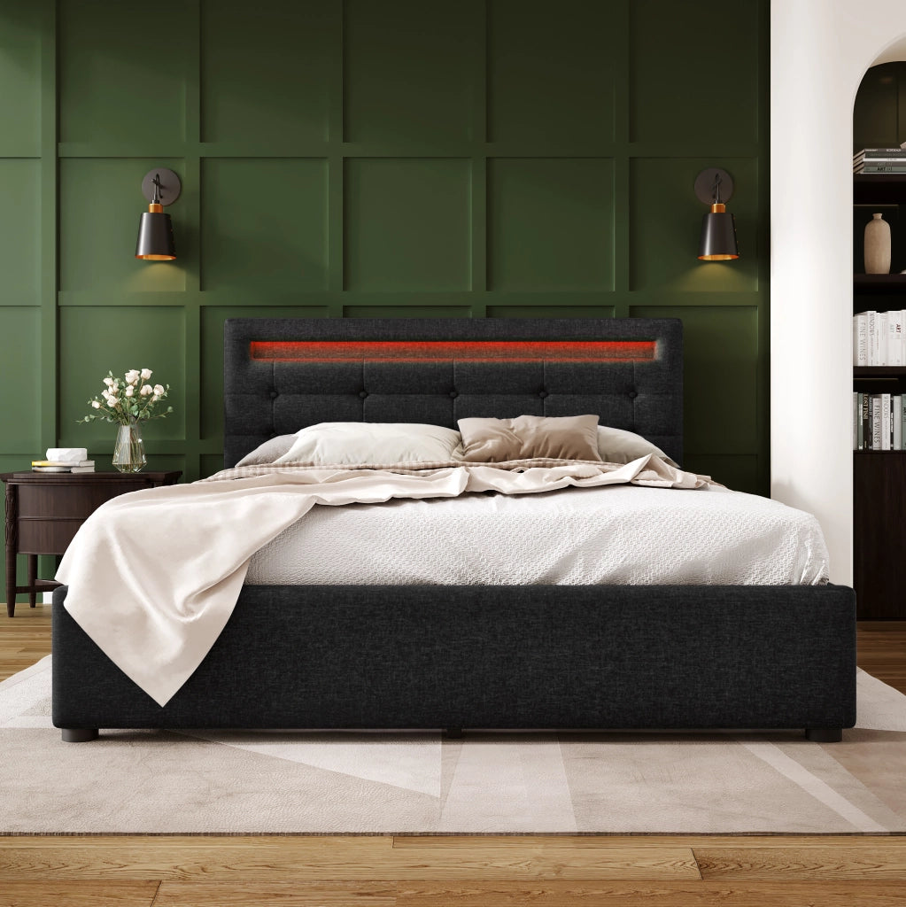 Letto matrimoniale 140x200 cm con LED; 4 cassetti; testiera regolabile; tessuto lino nero
