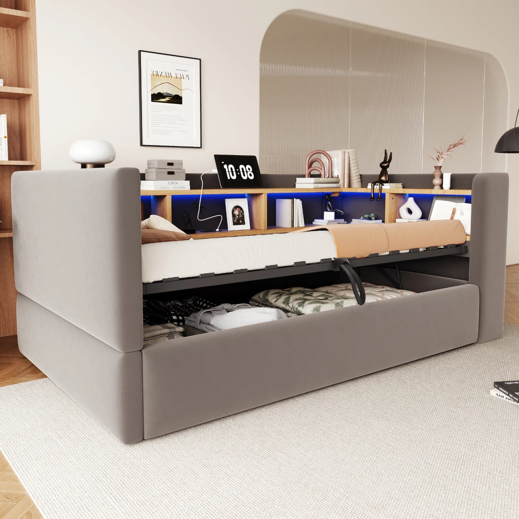Divano letto imbottito 90x190 cm con vano contenitore idraulico, LED e prese, grigio scuro