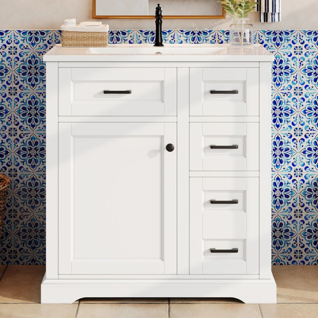 Mobile bagno sospeso a terra con lavabo in ceramica integrato, finitura laccata bianca, 76 x 47 x 82 cm