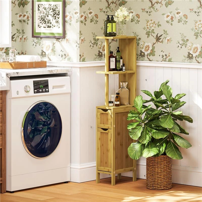 COLONNA BAGNO CON RIPIANI APERTI E ARMADIETTI CON ANTE MAGNETICHE, 18X30X120 CM, COLORE LEGNO
