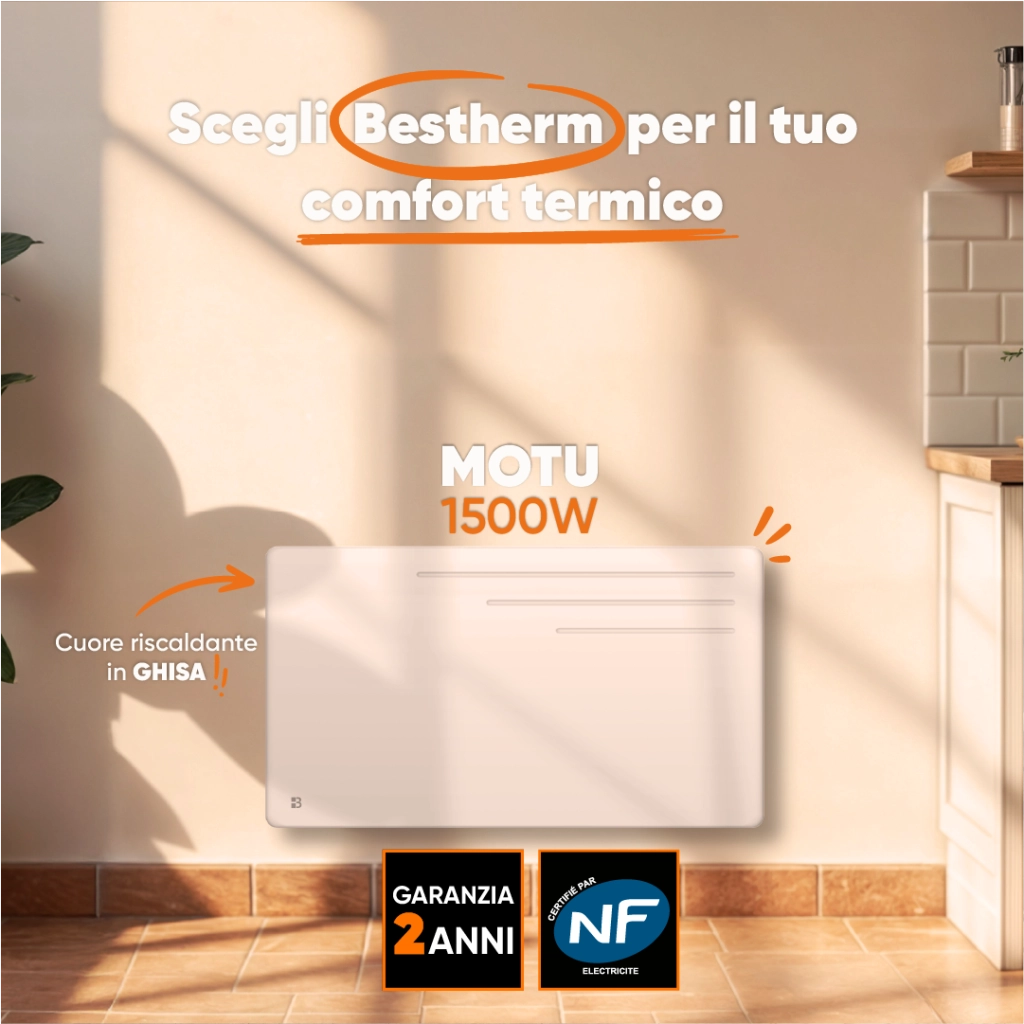 Radiatore elettrico fisso ad inerzia secca in ghisa 1500W MOTU orizzontale bianco
