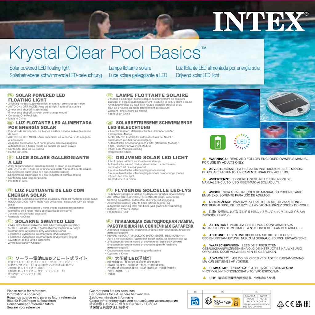 INTEX Luce Galleggiante a LED ad Energia Solare per Piscina 92565