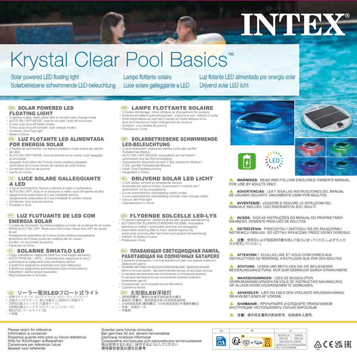 INTEX Luce Galleggiante a LED ad Energia Solare per Piscina 92565