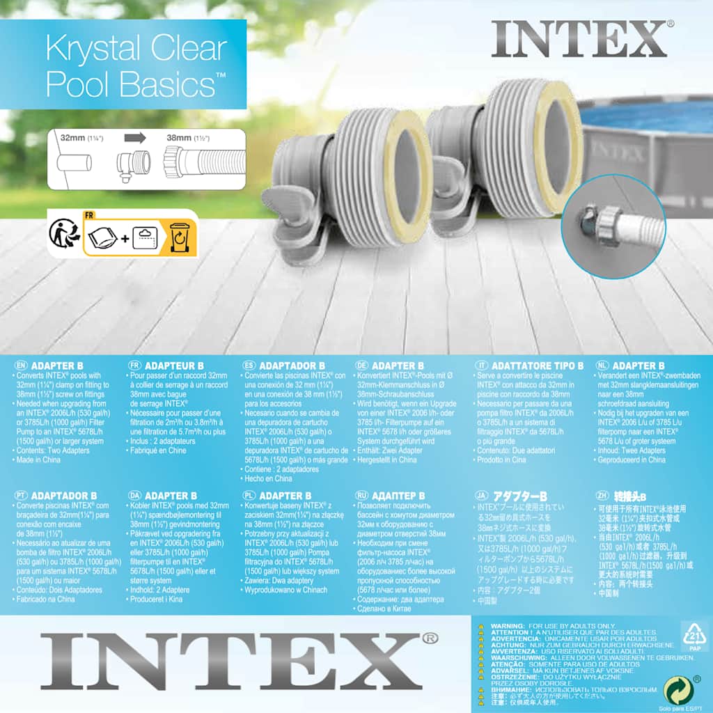 INTEX Adattatori B 2 pz per Tubi Flessibili 32 mm to 38 mm 92563