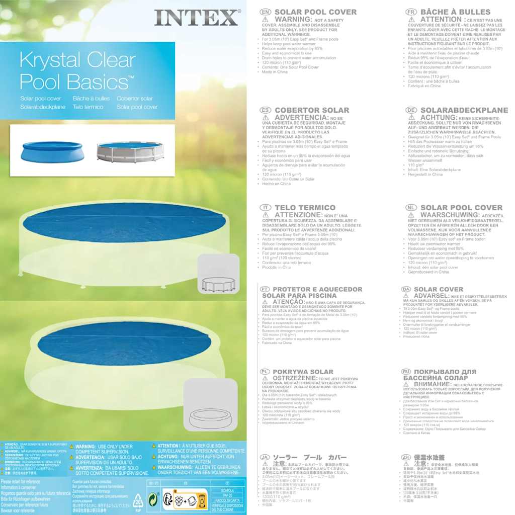 INTEX Copertura Solare per Piscina Blu 290 cm in Polietilene 93296