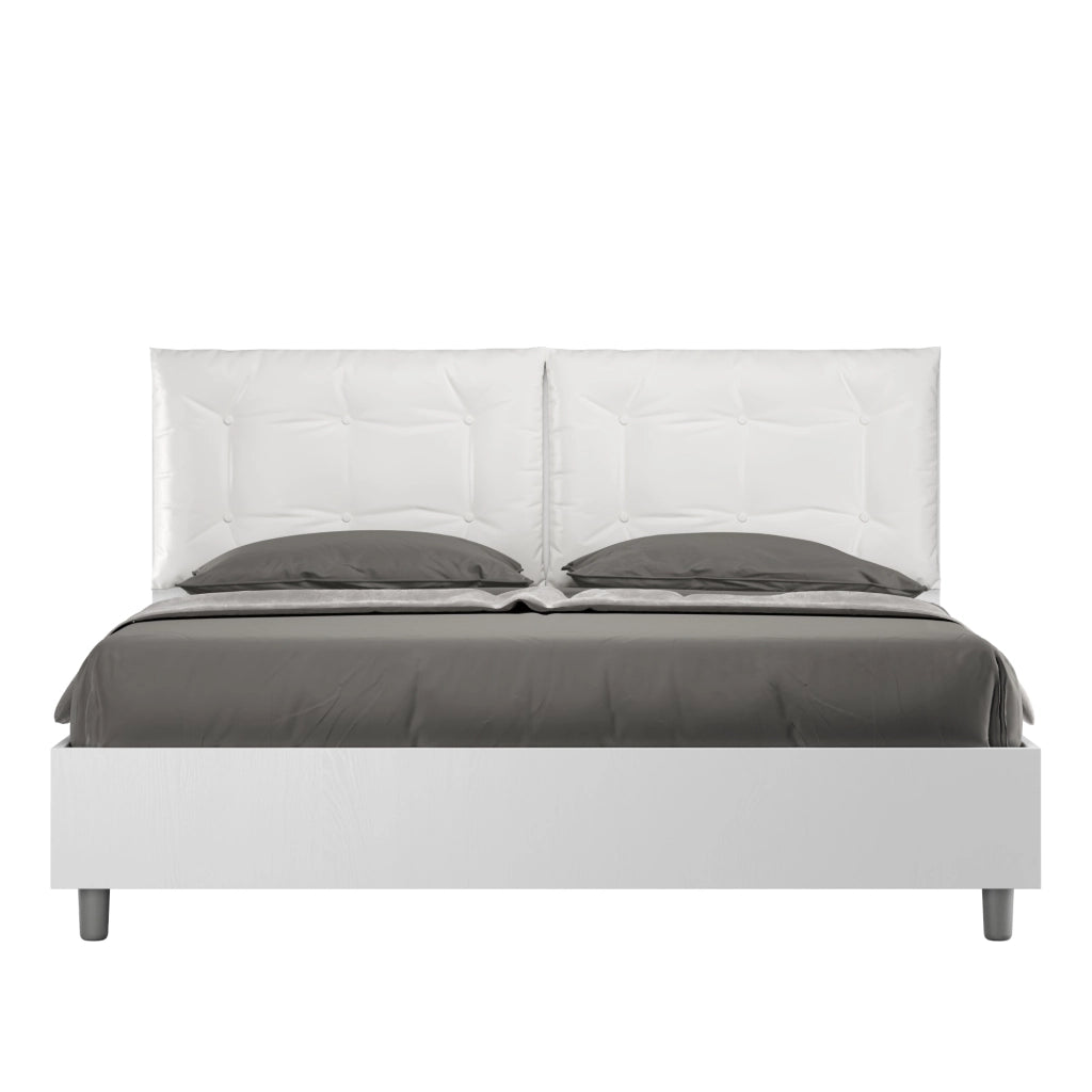 BS COM Letto matrimoniale contenitore doppia alzata 160x200 bianco frassino cuscini similpelle bianco