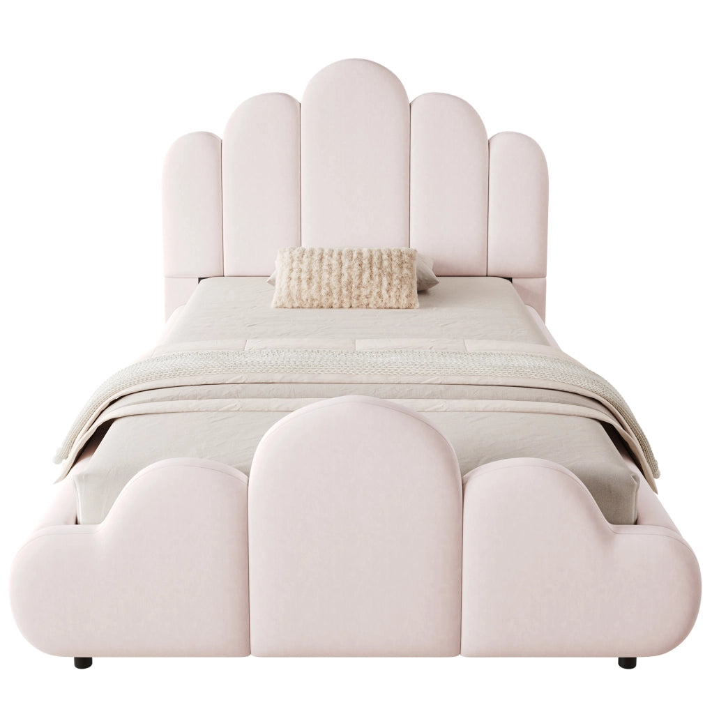 Letto singolo imbottito 90x200 cm in velluto rosa con testiera arrotondata e rete inclusa