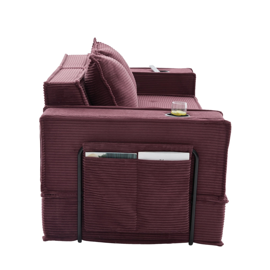 Pouf divano modulare in velluto a coste; 162x78x66 cm; rosso vino