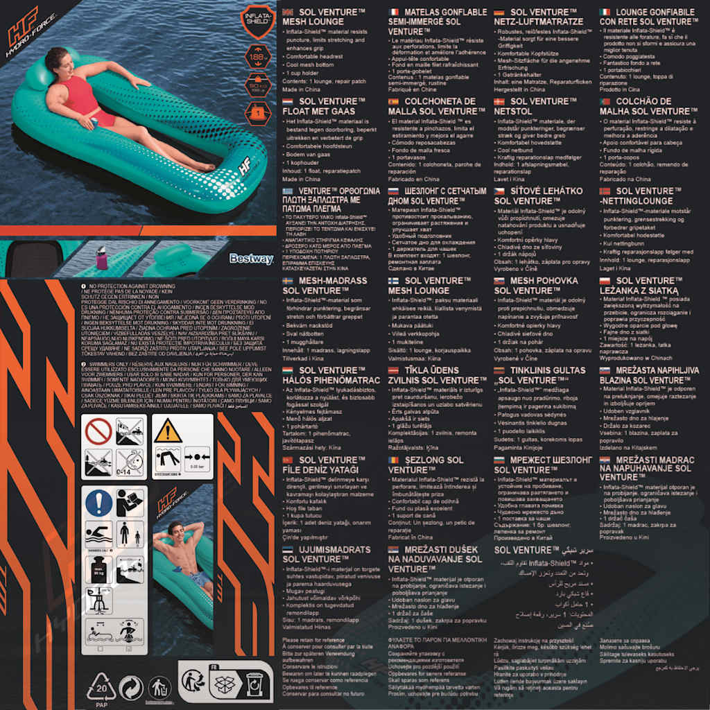 Bestway Lettino Gonfiabile Rete Hydro Force Sol Venture 188x109cm Blu 93358