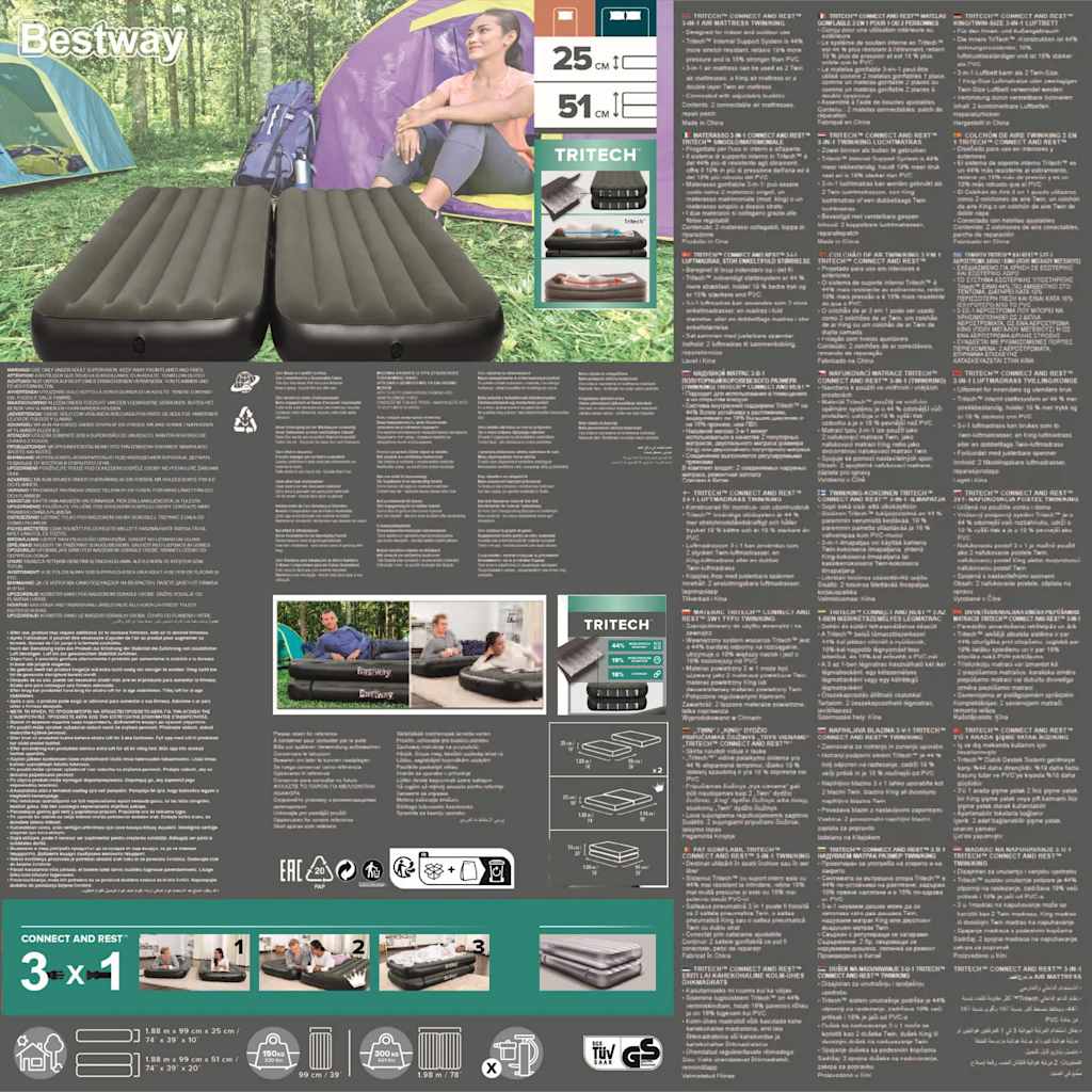 Bestway Letto ad Aria Gonfiabile 3 in 1 Nero e Grigio 188x99x25 cm 93794