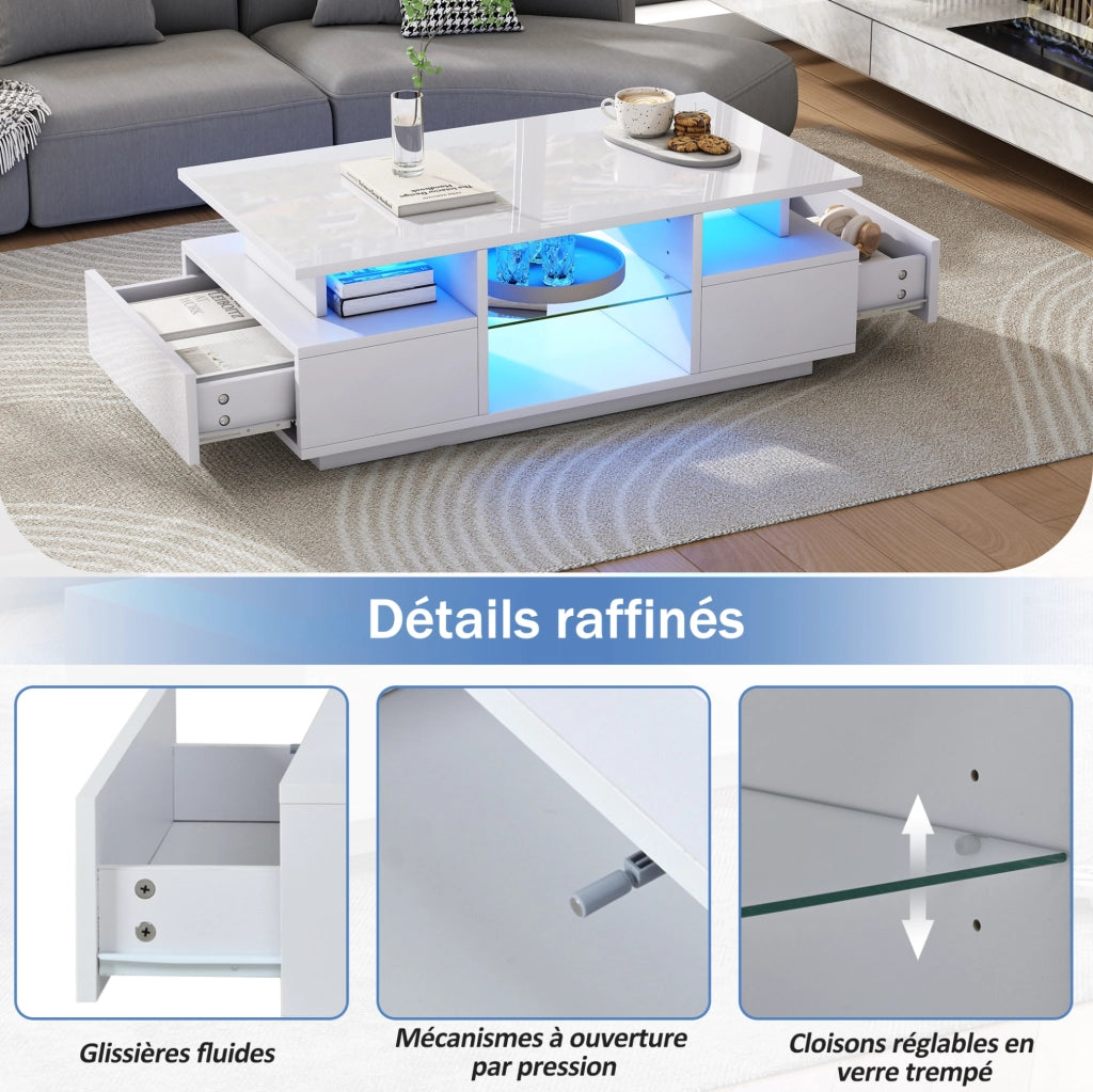Tavolino da caffè 100 x 50 x 36 cm con LED; 2 cassetti e ripiani in vetro; bianco lucido