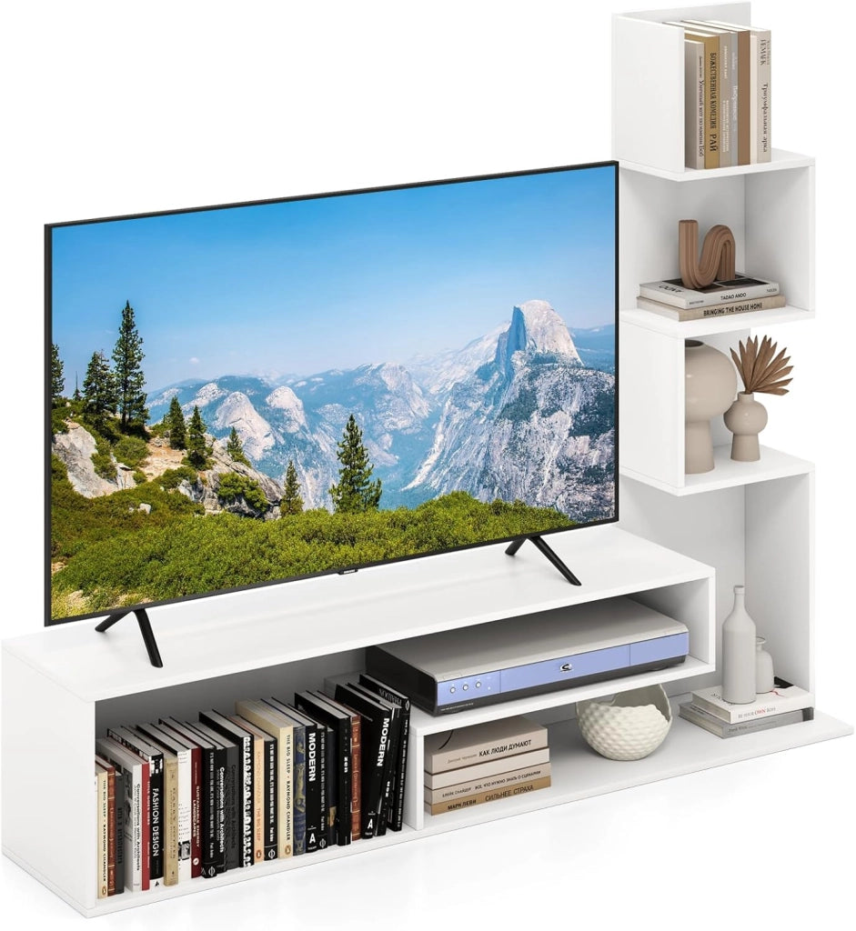 Mobile TV per TV da 50 pollici, mobile TV con 2 ripiani a forma di L, 3 scomparti di stoccaggio, alto spazioso, carico 40 kg, per soggiorno, camera da letto, 145 x 30 x 121 cm (bianco)
