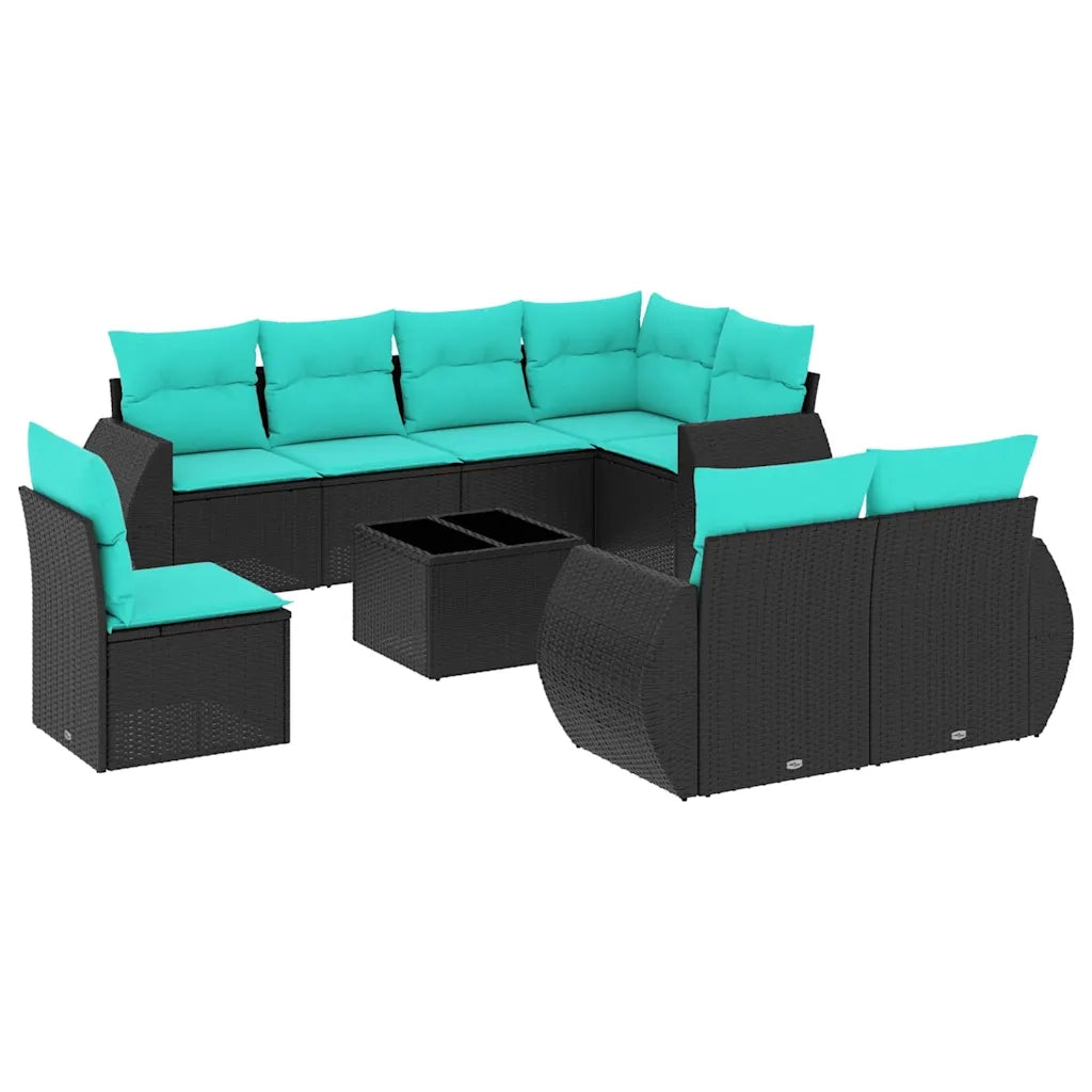 Set Divani da Giardino 9 pz con Cuscini Nero in Polyrattan 3221646