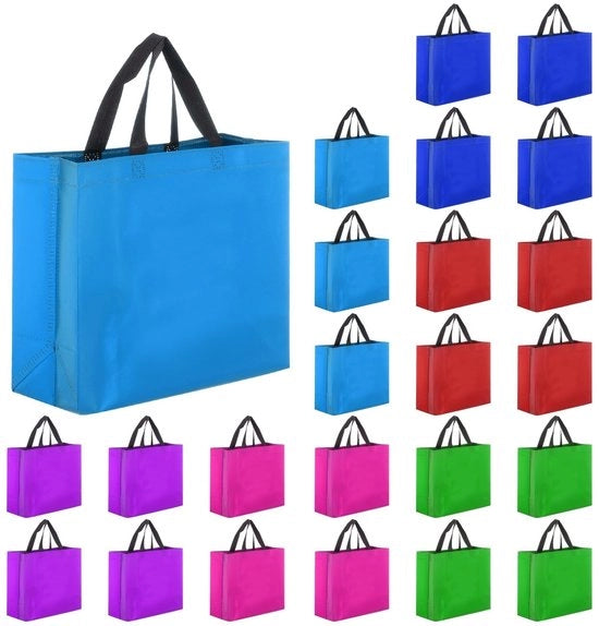 60 sacchetti regalo riutilizzabili, 6 colori borse di plastica lucide con maniglie per pacchi, dimensioni 33 x 25 x 25 cm