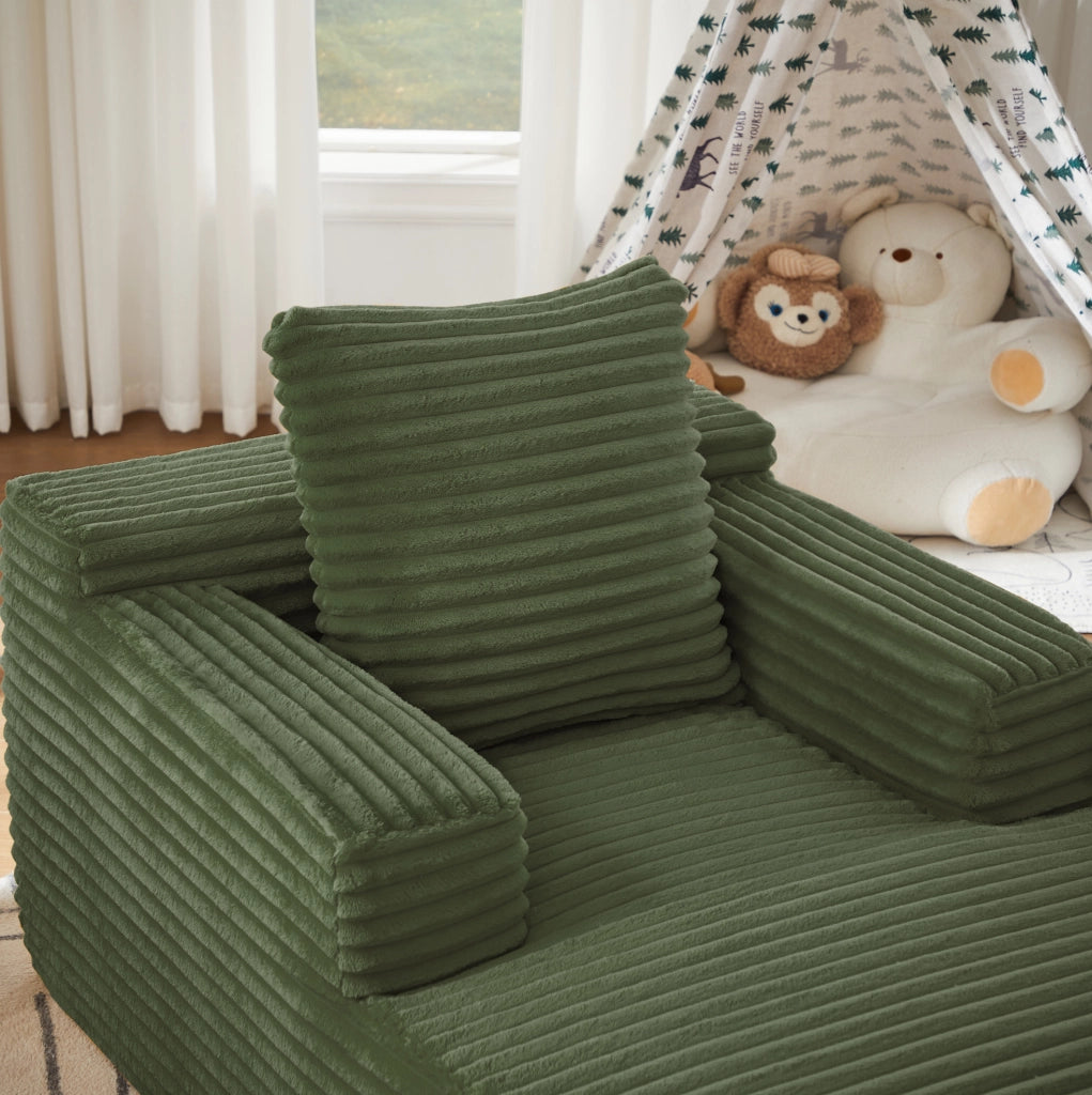 Divano chaise longue verde in velluto a coste, senza montaggio