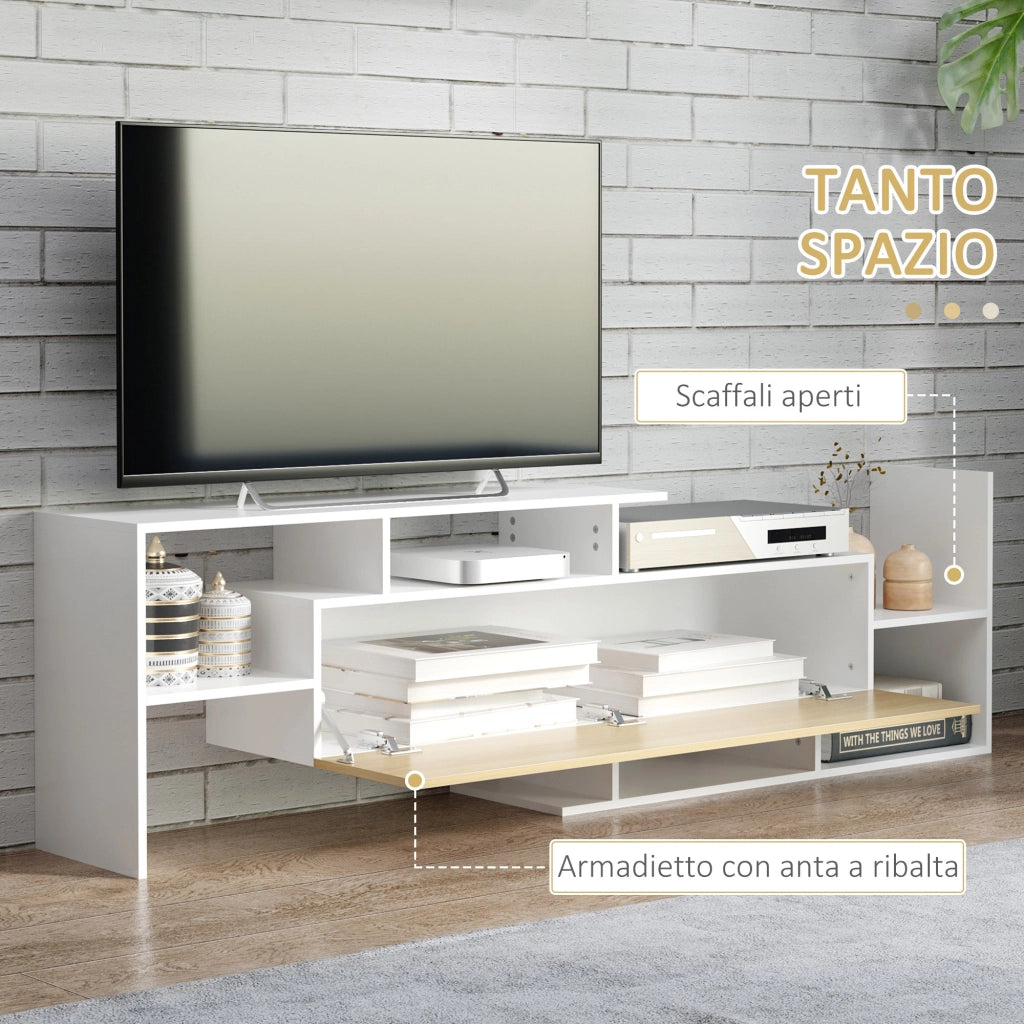 Mobile TV Ripiani e Armadietto a Ribalta con Mensola a Muro 153,6x25x42 cm Bianco e Legno Naturale