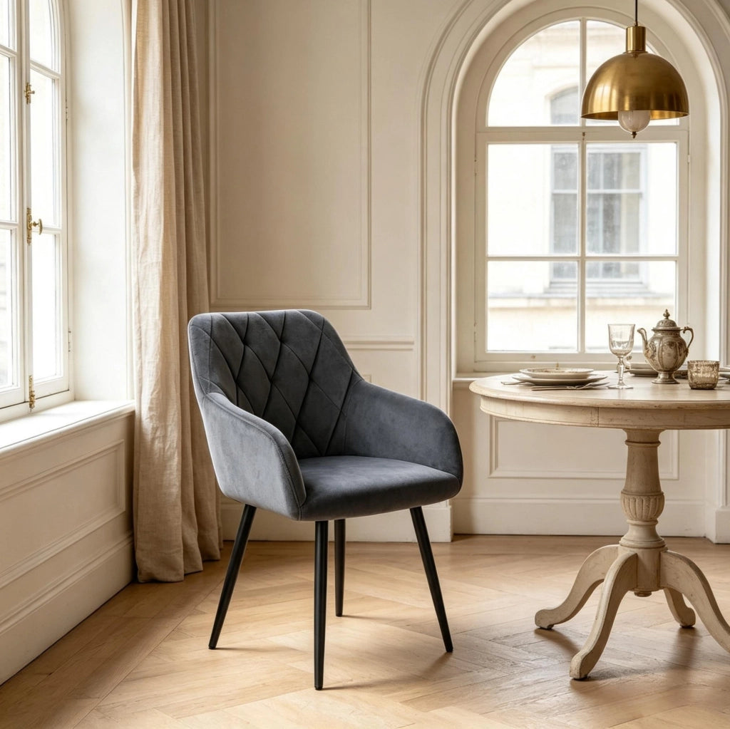Sedia da pranzo 44 x 42,5 cm grigio scuro velluto e metallo, con braccioli