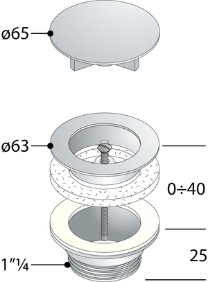 PILETTA UNIVERSALE A SCARICO LIBERO CON VITE CENTRALE- Diam. 63 x 11/4- TEA- pezzi 1