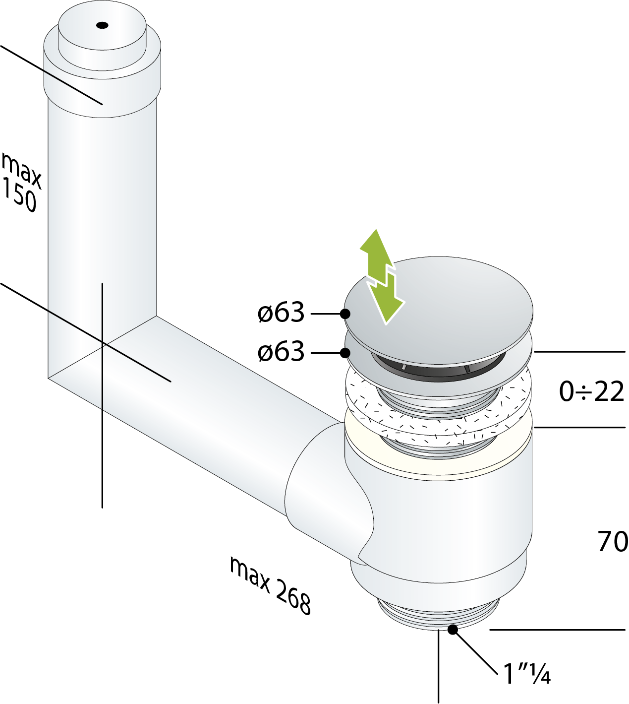 PILETTA PER LAVABO TROPPOPIENO INCORPORATO INNOVA 63 X11/4- D. 63 x 11/4- TEA- pezzi 1