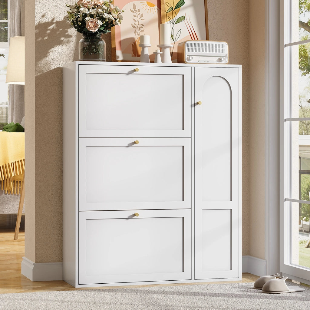 Mobile portascarpe stretto a 3 ribalte con 1 anta, design salvaspazio, bianco, 90x25x114 cm