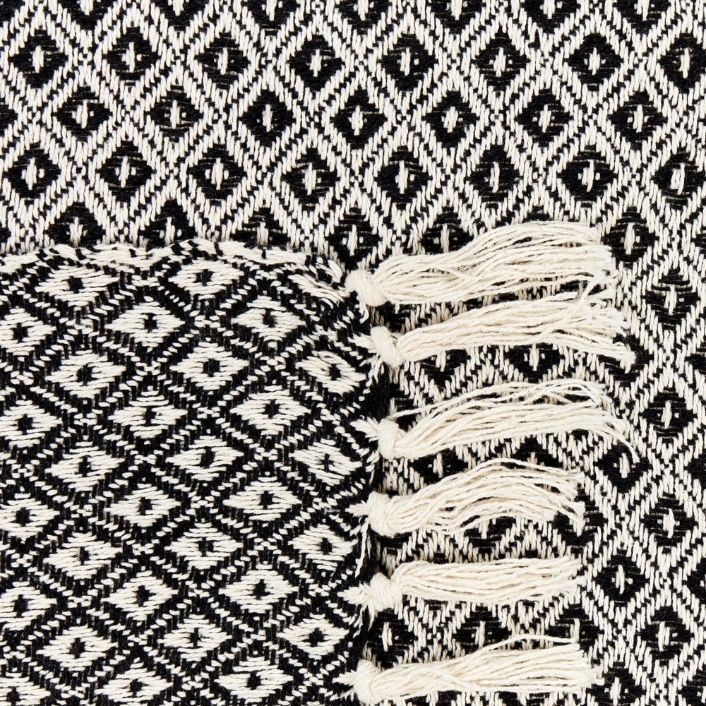 Plaid di cotone fatto a mano con motivo geometrico e nappe bianco e nero 220 x 240 cm copriletto soggiorno camera da letto divano