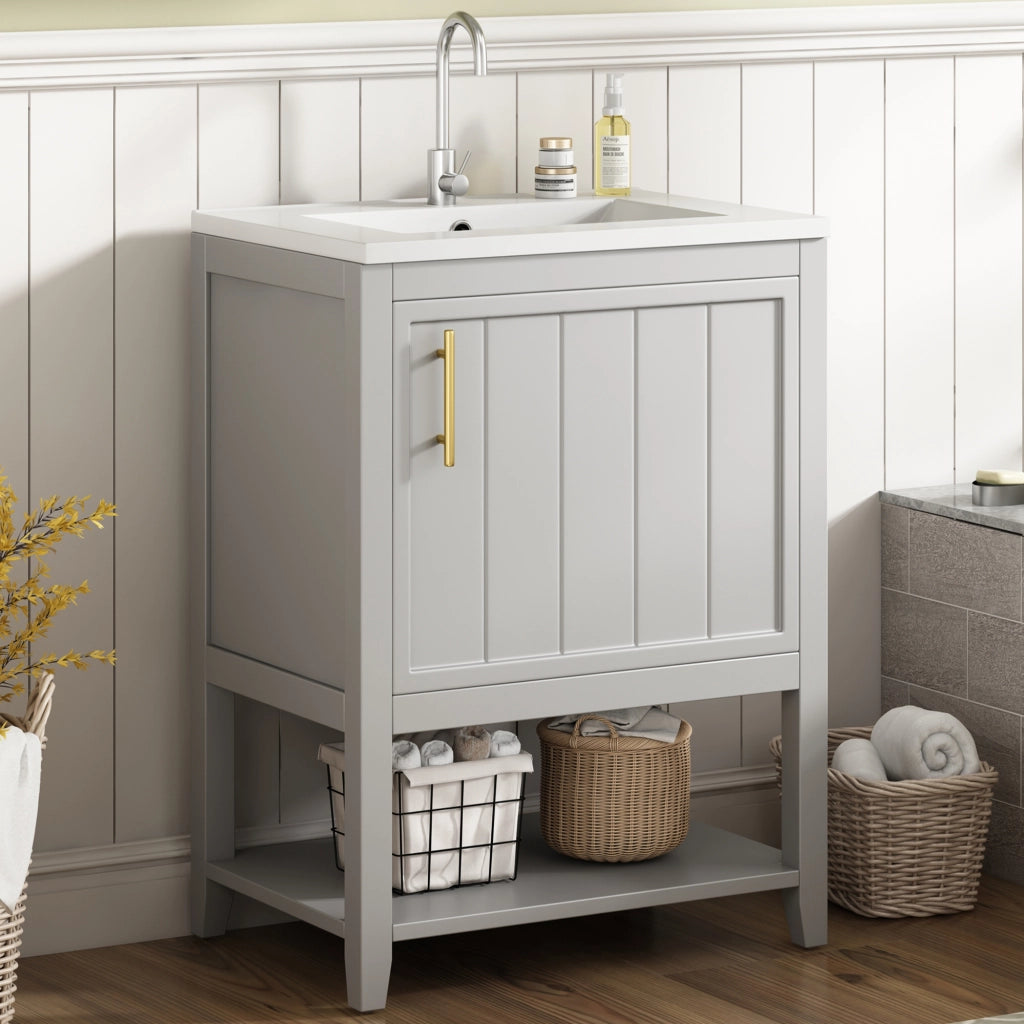 Mobile sottolavabo con lavabo in ceramica, ripiani interni e piedini antiscivolo, per bagno, in MDF, grigio
