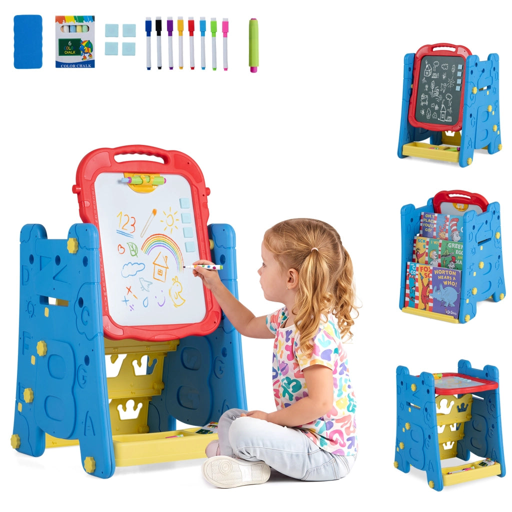 Cavalletto per bambini 3 in 1 con lavagna bifacciale e libreria, Cavalletto per disegno con altezza regolabile Blu