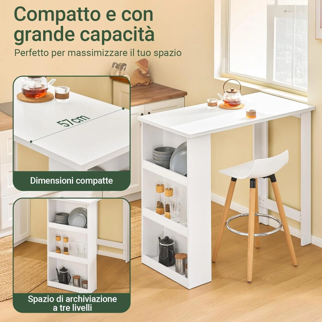 Tavolo Alto da Cucina, Tavolo da Bar Moderno con Ripiani di Stoccaggio, Design Salvaspazio per Cucina Piccola, Soggiorno, Angolo Bar o Studio Bianco 112 x 57 x 106 cm FWT17-II-W