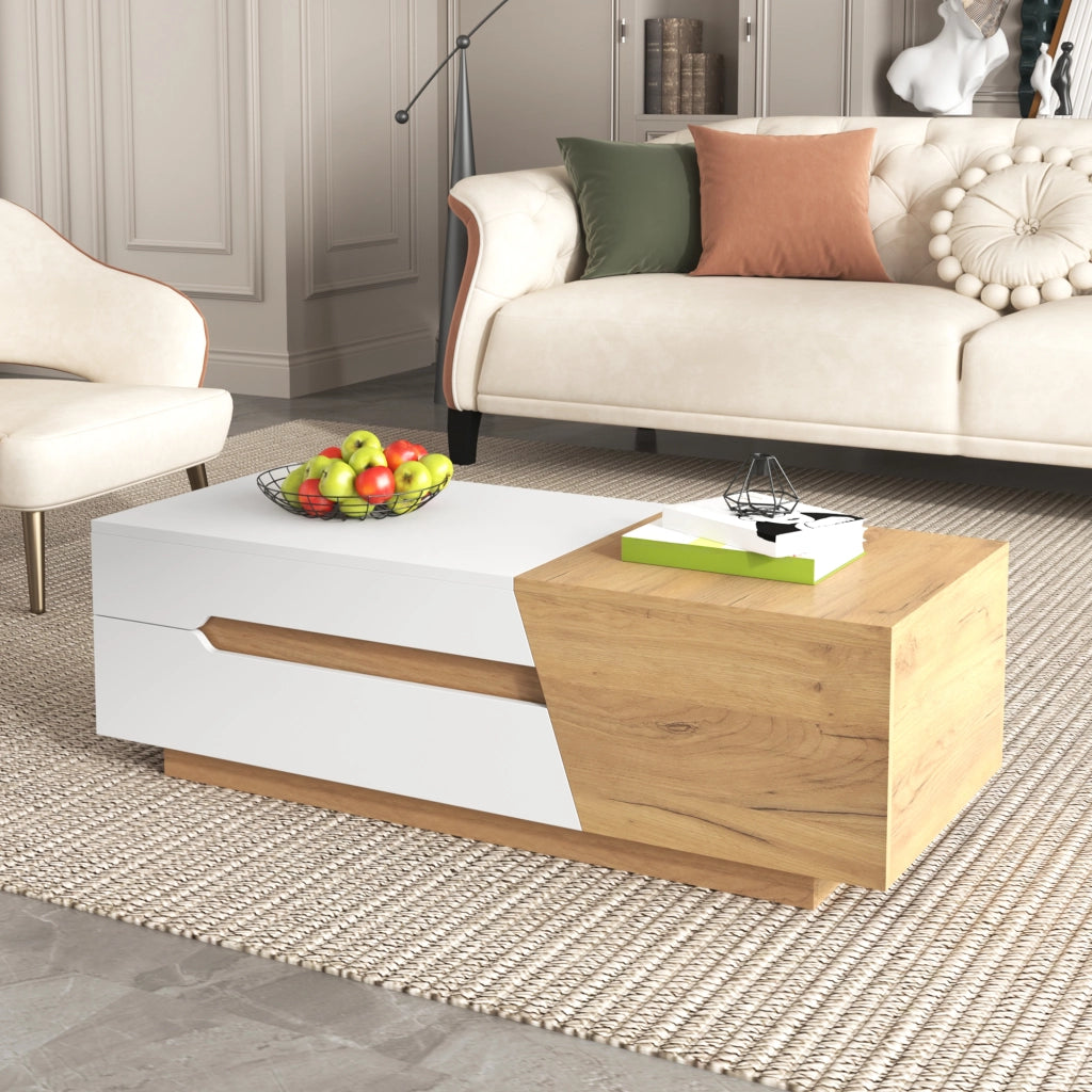 Tavolino da Salotto con Piano Scorrevole; 2 Cassetti e Vani; Stile Moderno; in MDF; Naturale e Bianco