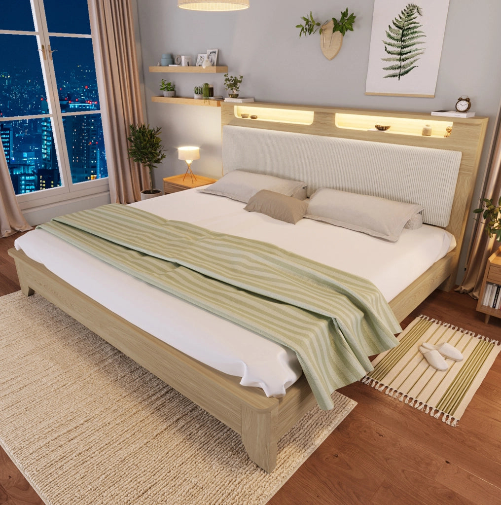 Letto matrimoniale 140x200 cm in legno effetto rovere chiaro con testiera imbottita in corda beige e LED