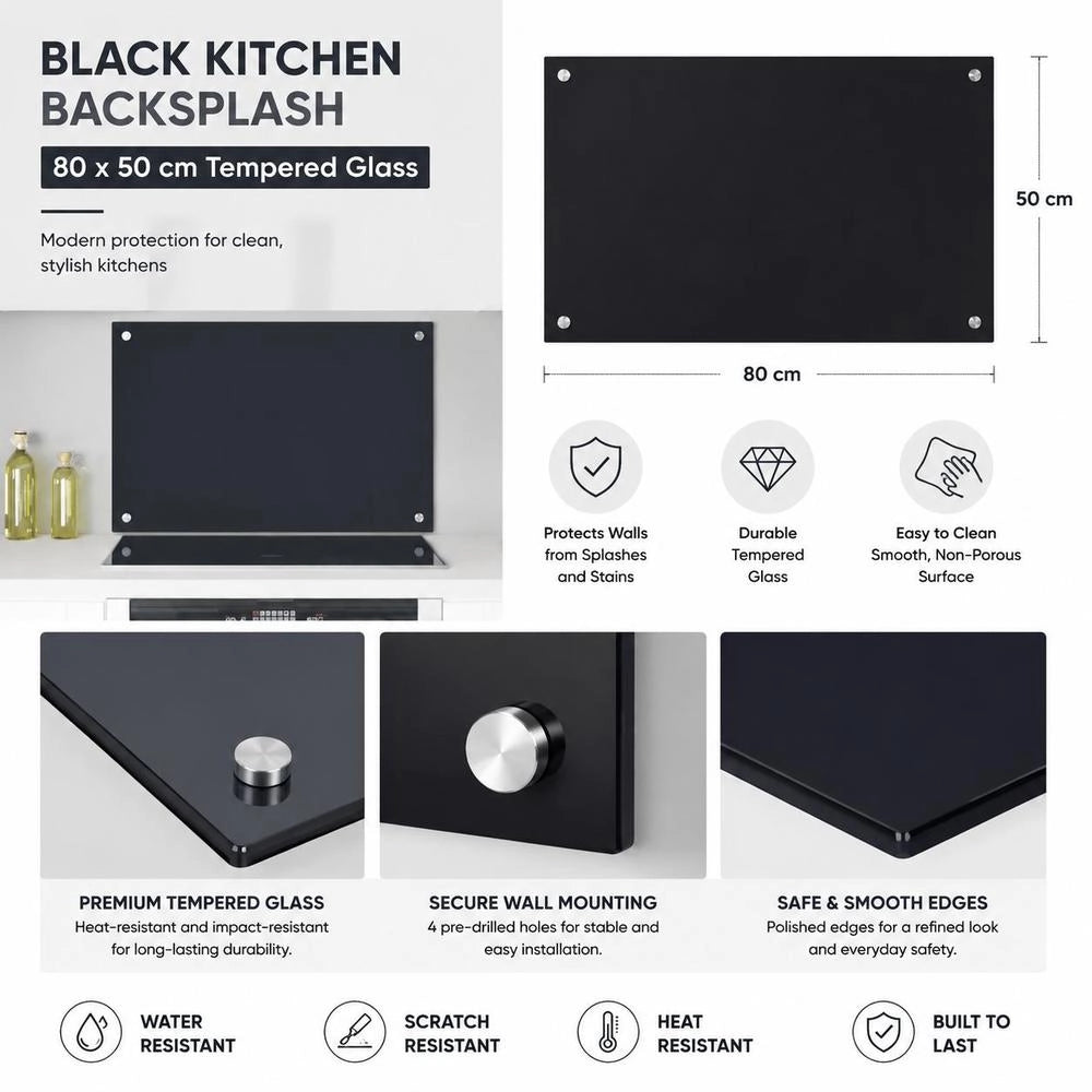 Kitchen Backsplash Black 80x50 Cm Tempered Glass