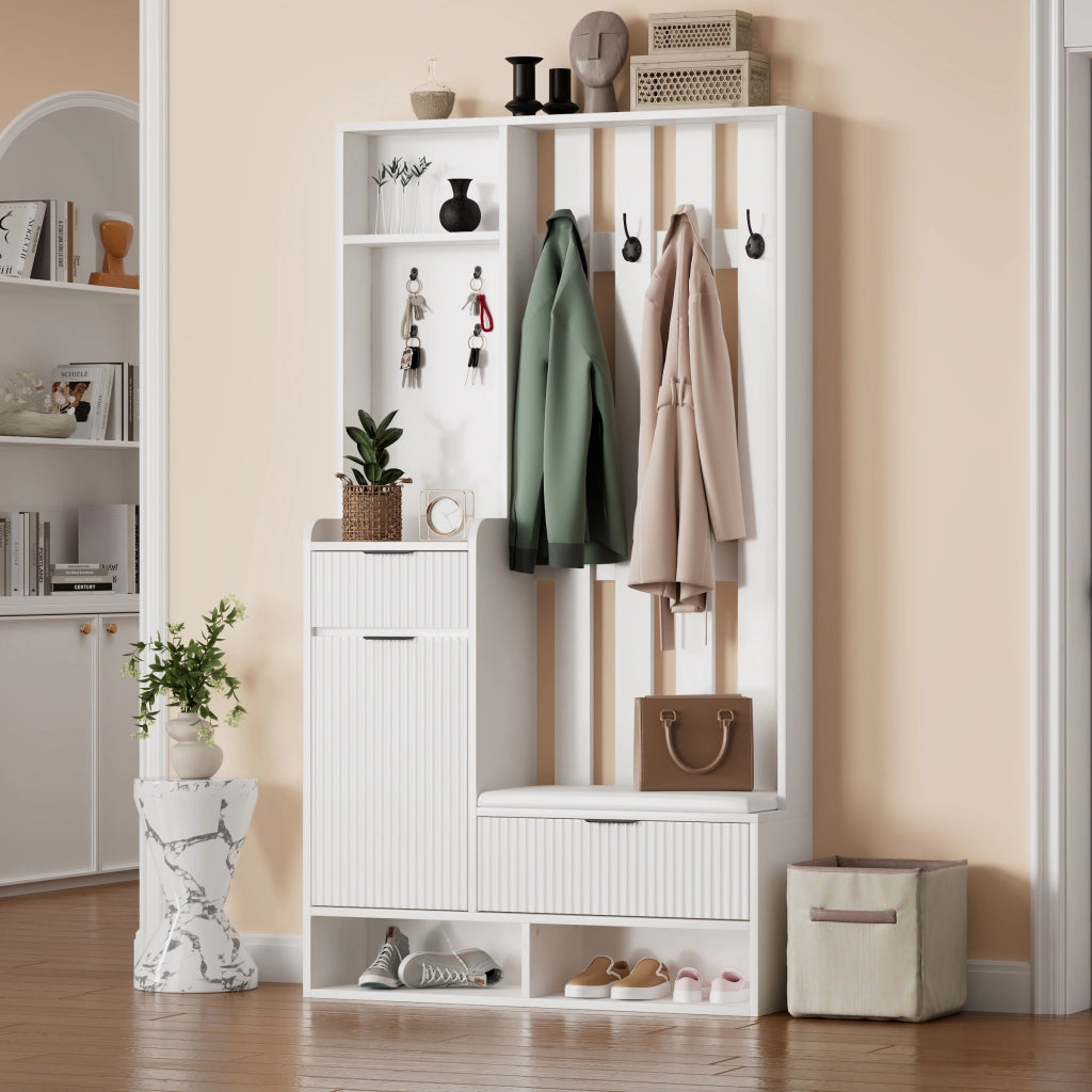 Scarpiera con Appendiabiti, Panca, Cassetti e Ante ¨C MINIMAL ¨C Bianco, 100x30x180 cm