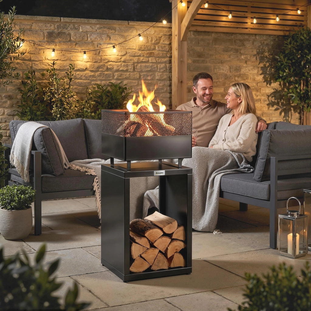 Braciere con Griglia e Deposito Legna 39x39x87 cm ¨C zephmum ¨C Nero