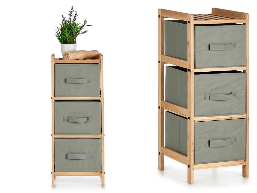 Mobile Cassettiera 3 Cassetti in Legno Naturale e Stoffa Colore Grigio H 70cm