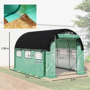 Serra tunnel in plastica 3 x 2 x 2 m con finestre, porte arrotolabili e protezione UV, verde