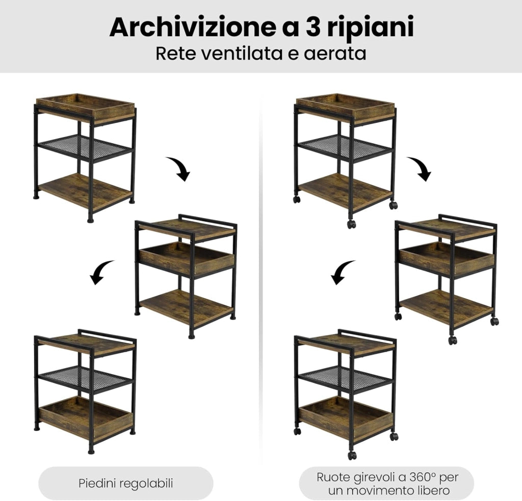 Tavolino da Salotto a 3 Ripiani, Tavolino Divano con Rotelle, Vassoio Rimovibile e Piedini, Mobiletto per Soggiorno, Camera da Letto, in Legno e Metallo, Legno Vintage e Telaio Nero