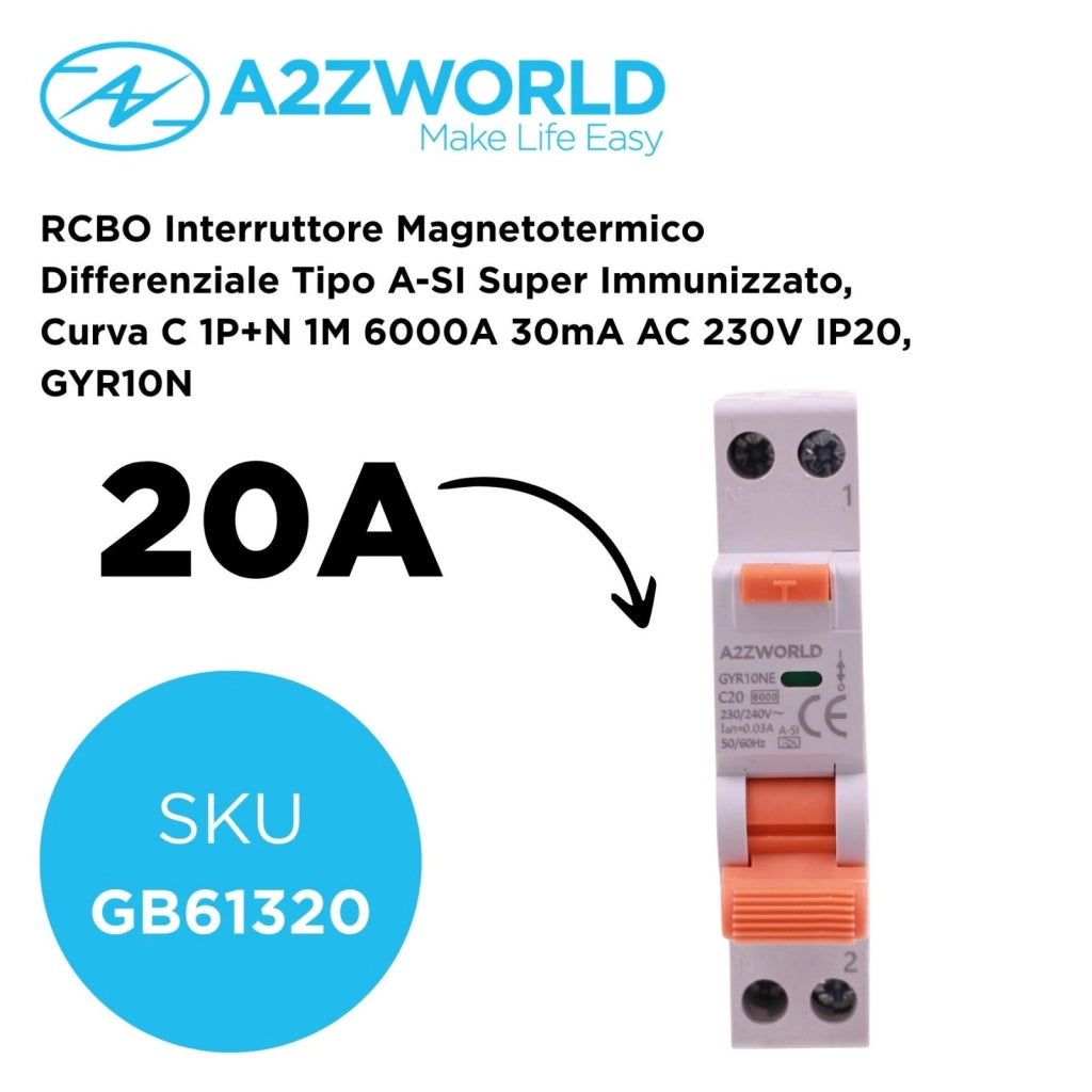 RCBO Interruttore Magnetotermico Differenziale Tipo A-SI Super Immunizzato, Curva C 1P+N 1M 6000A 30mA AC 230V IP20, GYR10N, Disponibili 6A 10A 16A 20A 25A 32A 40A (C20A)