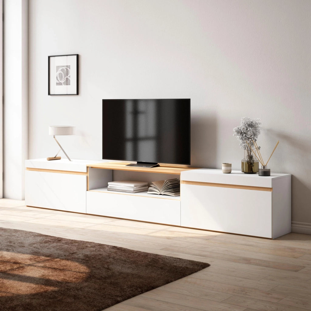 Mobile TV Soggiorno, 260x45x35cm, TV di grande formato, Mobile Soggiorno, Bianco e Rovere soft