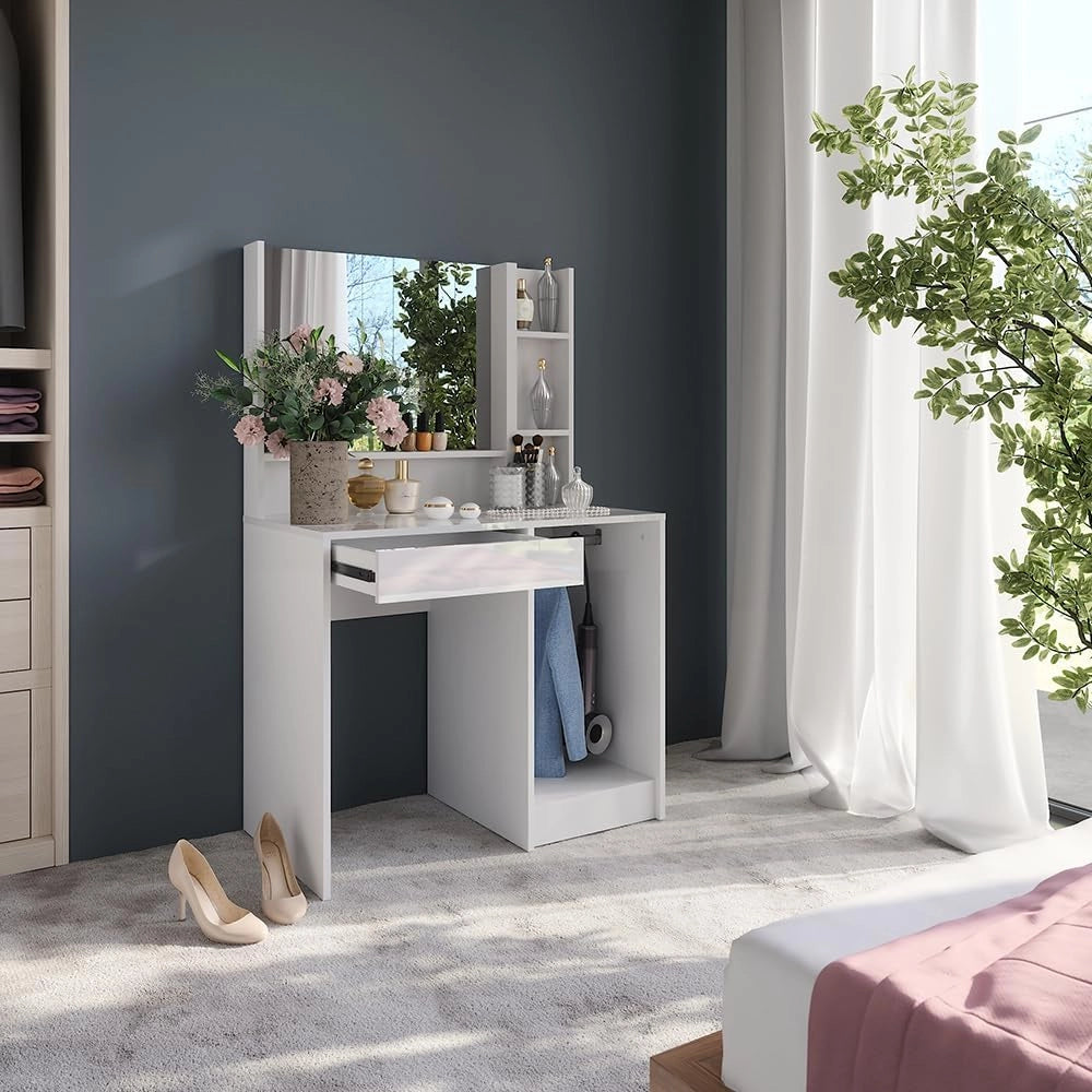 Tavolo da toeletta Sherry, Bianco/bianco lucido, 89.8 cm 3 parti, con grande specchio per la routine cosmetica quotidiana