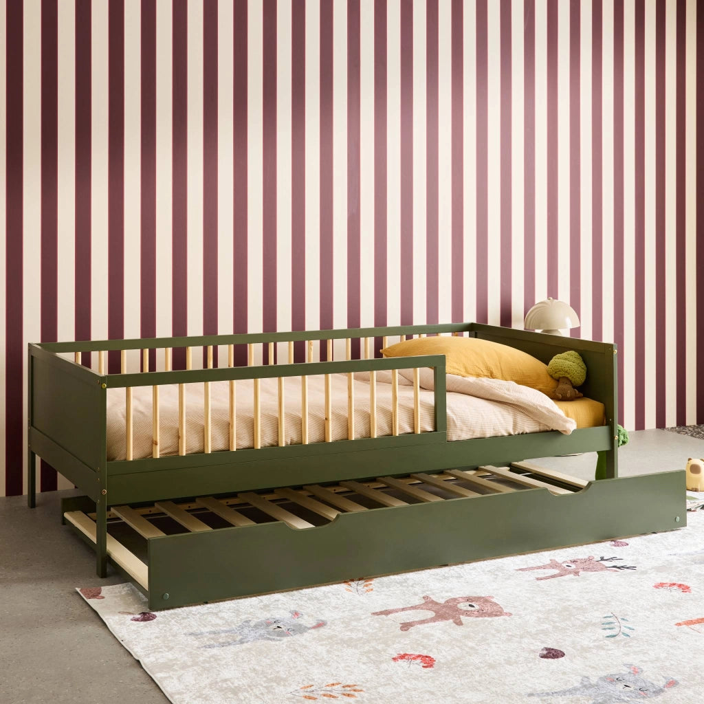 Letto a nido per bambini in pino naturale con rete a doghe e cassetto,