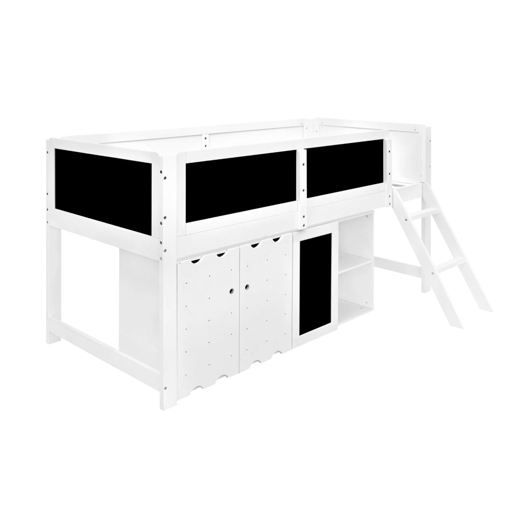 Letto a Soppalco 90 x 200 cm con Armadio a 2 Ante; Lavagna e Scala - Bianco e Nero