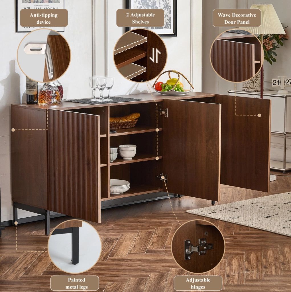 Sideboard 150x40x80 cm in MDF con design ondulato 3D e 2 ripiani regolabili
