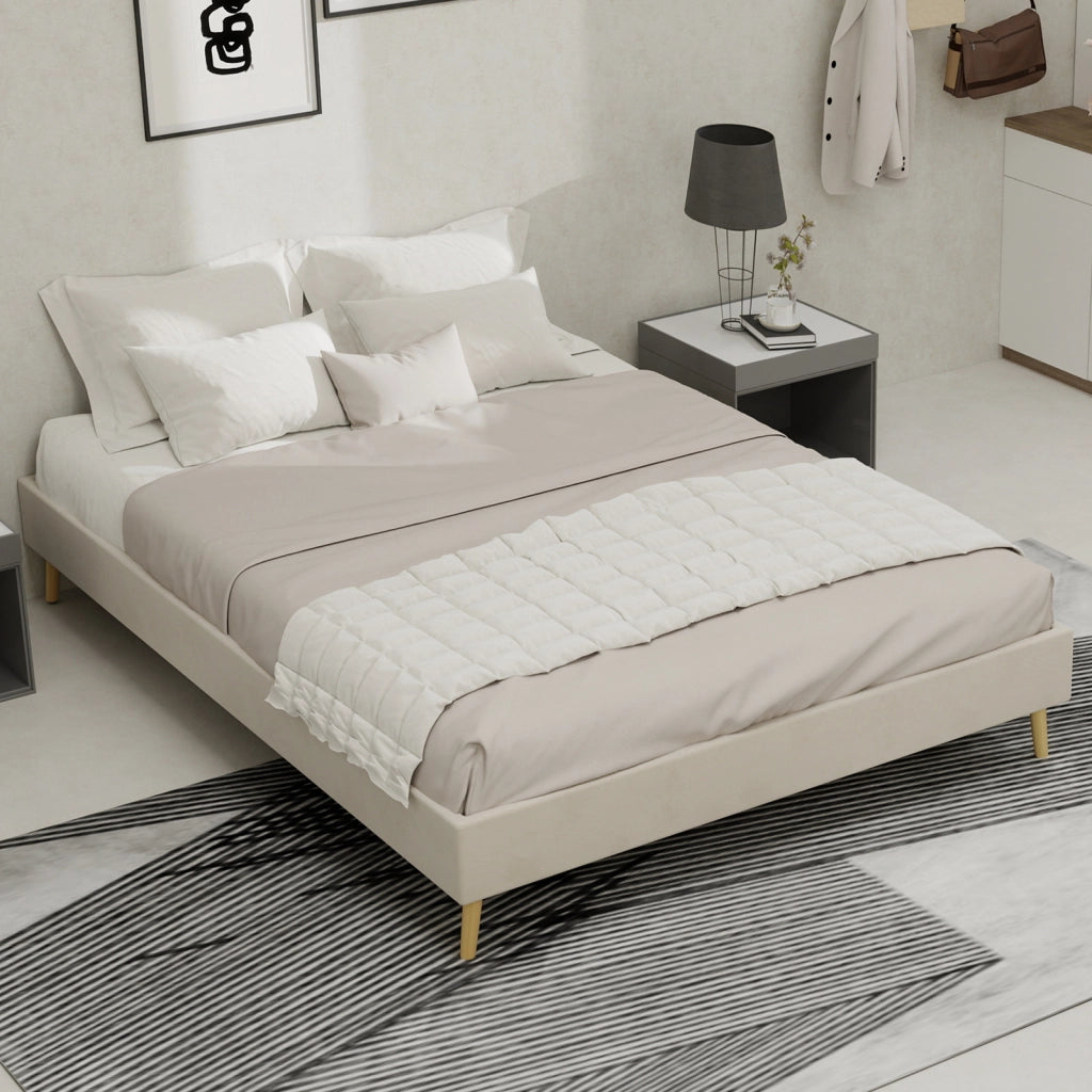 Letto singolo 140 × 200 cm con base ribassata, struttura stabile, senza materasso, in tessuto e metallo, beige