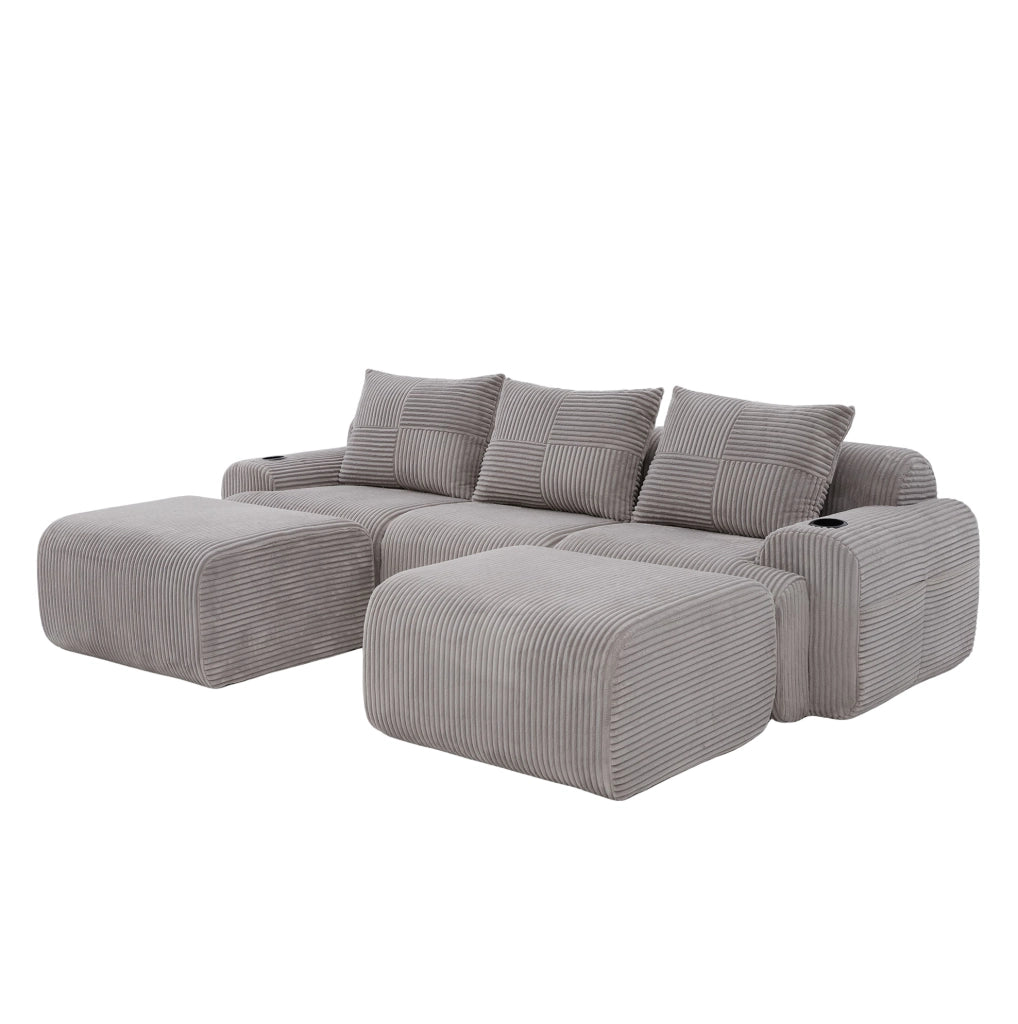 Divano modulare 3 posti 268x174 cm in velluto a coste con 2 pouf grigio chiaro HAVRYA